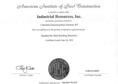 Industrial Resources is American Institute of Steel Construction Certified Through 2019